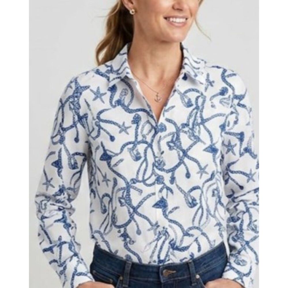 Vineyard Vines Coastal Resort Blouse Blue White Nautical Print Size Large